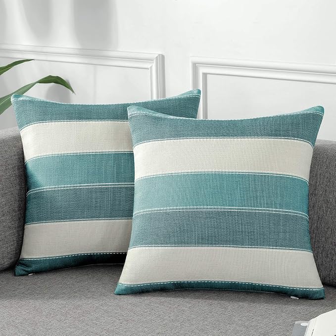 Pack of 2 Farmhouse Stripe Check Throw Pillow Covers Set Case Cotton Linen Decorative Pillowcases Cushion Cover for Couch Bench Sofa 20x20Inch Teal Blue