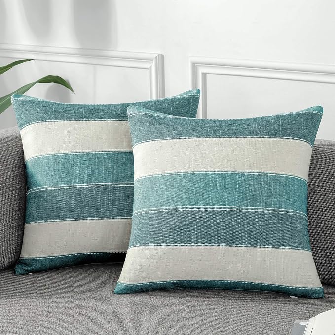 Pack of 2 Farmhouse Stripe Check Throw Pillow Covers Set Case Cotton Linen Decorative Pillowcases Cushion Cover for Couch Bench Sofa 16x16Inch Teal Blue