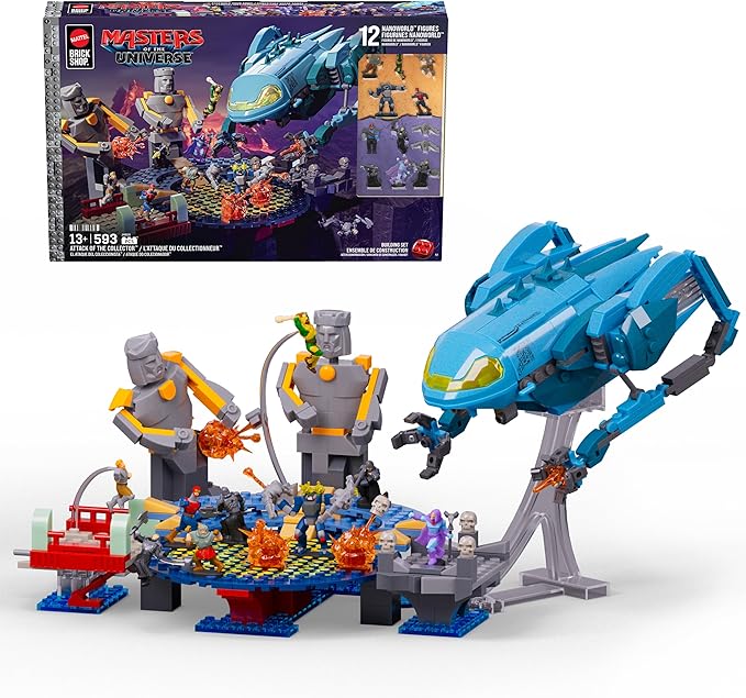 Mattel Brick Shop Masters of the Universe Building Set, Attack of the Collector with 593 Pieces and 12 Figures, Adult Collectors and Ages 13+