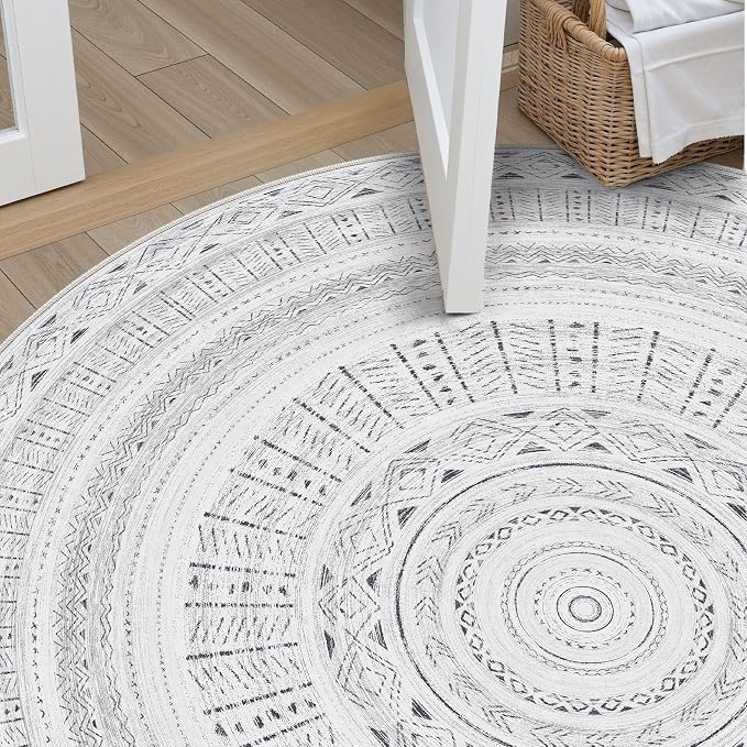 cotiled 6x6 Round Area Rugs Living Room Rug: Washable Boho Rugs with Non Slip Backing Large Soft Indoor Stain Resistant Carpet for Bedroom Farmhouse Dining Room Lightweight Home Decor Dark Grey