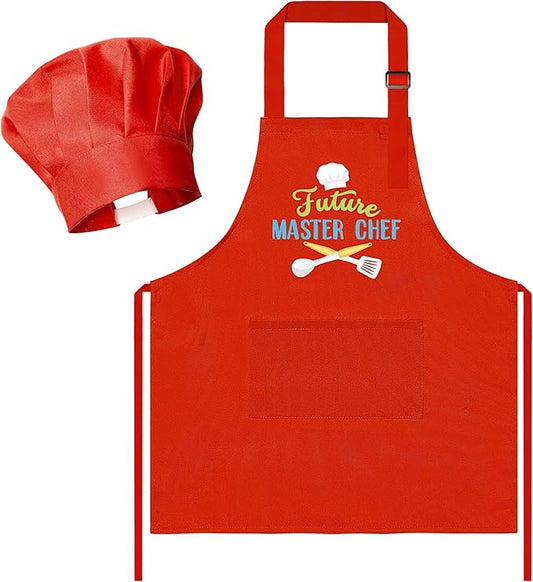 R HORSE 2Pcs Kid Apron and Chef Hat Set, Adjustable Children Red Kitchen Toddler Apron for Girls, Cooking Baking Painting and Training Kits Role Play Chef Toy Funny Cooking Gift Birthday Gift for Kids