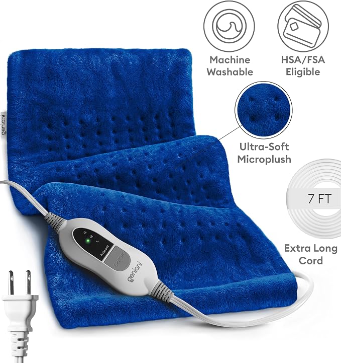 GENIANI Electric Heating Pad for Back Pain & Cramps Relief, Electric Throw, Self Care Gifts for Women, Heating Pad for Neck & Shoulder, Machine Washable Microplush, Auto Shut Off (12×24", Space Blue)