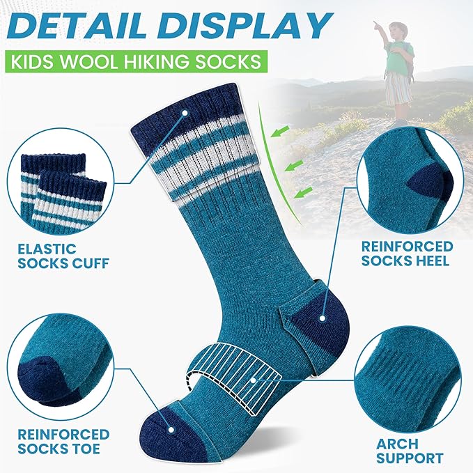 WEVIAS Kids Merino Wool Hiking Socks Boys Thermal Winter Cozy Boot Warm Cushion Socks 6 Pairs