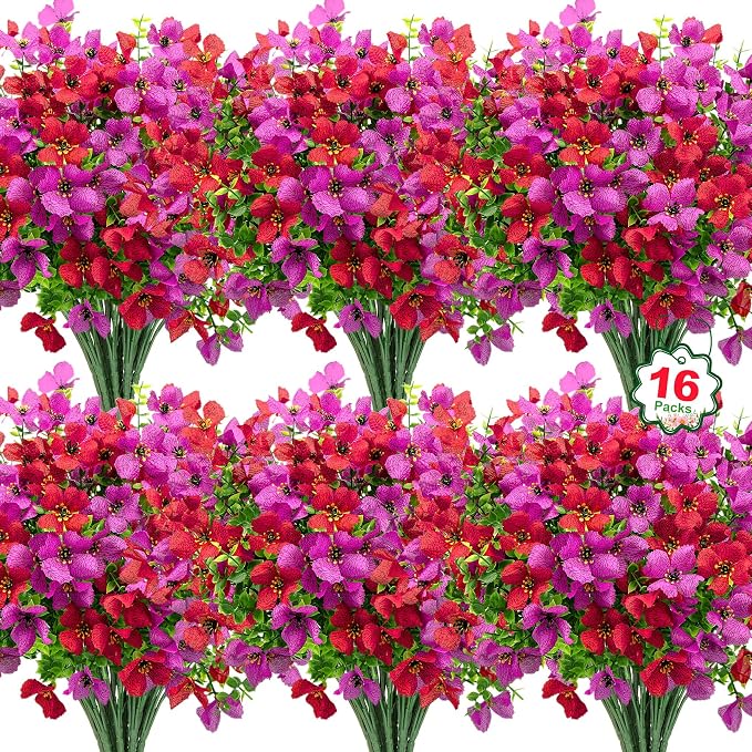 Ouddy Decor 16 Pcs Artificial Flowers for Outdoors Decoration, Purple & Red | Realistic, silk flowers, faux plastic plants, UV resistant, for summer garden porch window vase indoor outdoor home decor