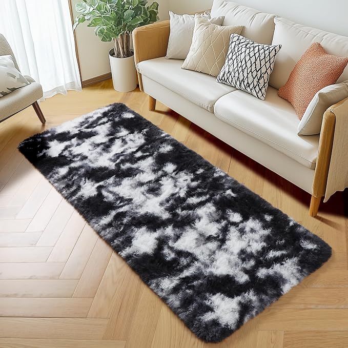 Amdrebio Black White Grey Runner Rugs 2x6 for Bedroom Living Room Decor, Fluffy Fuzzy Shag Bedside Area Rug for Kids Room Dorm Home Office, Cool Shaggy Plush Floor Modern Carpet for Teen Boys Men