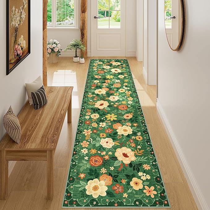 DUKINO 2x8 Runner Rug, Washable Runner Rug for Kitchen Non Slip, Dark Green | Low Pile, Floral, Soft Indoor Rug for Hallway, Entryway, Bedroom, Bathroom, Pet Friendly, Stain Resistant, Modern Home Decor