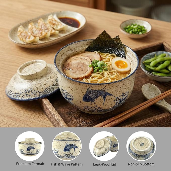 Ramen Bowl, DV 25 OZ Microwavable Japanese Korean Ramen Soup Bowl with Lid, Blue Fish and Wave Design