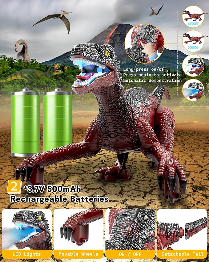 Eulogia Dinosaur Toy, RC Dinosaur Car with 2-in-1 Remote, Gesture-Sensing Forward Backward Dino, Features Spray & Sounds & Lights, One-Key Demo Car, 4-12 Boys Grils Gift for Birthday Christmas Party