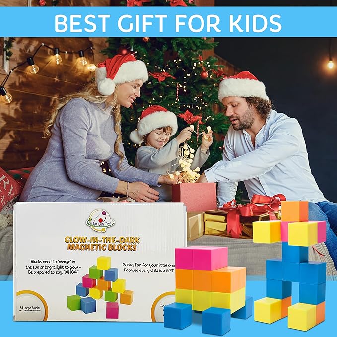 Glow in The Dark Toys Magnetic Building Blocks 35 PCs Neon Block – Safe Magnet Blocks for Kids & Toddlers Aged 4-8 | Magnetic Building Cubes w/Manual & Travel Pouch – STEM Educational Toys