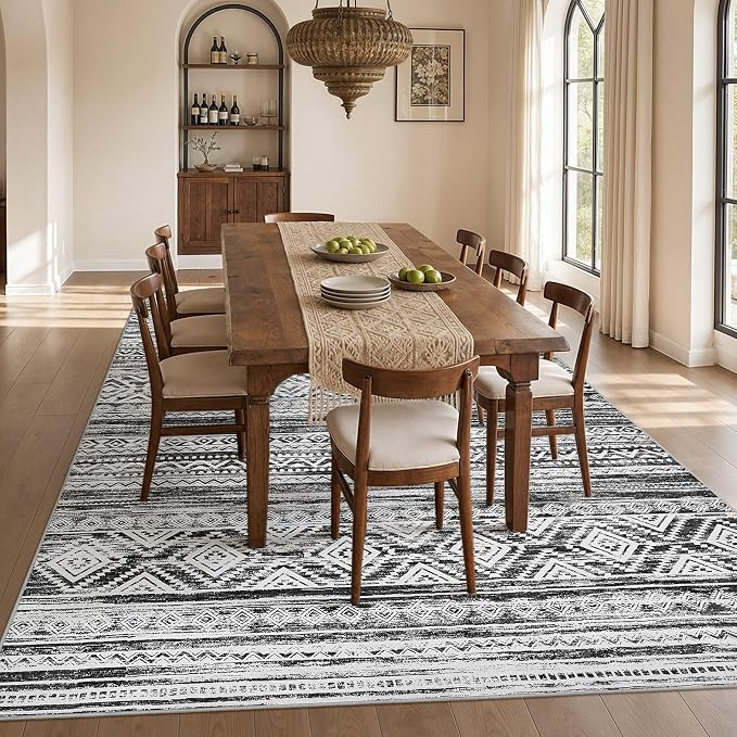cotiled 10x13 Area Rugs Living Room Rug: Washable Boho Rugs with Non Slip Backing Large Soft Indoor Stain Resistant Carpet for Bedroom Farmhouse Dining Room Lightweight Home Decor White/Black