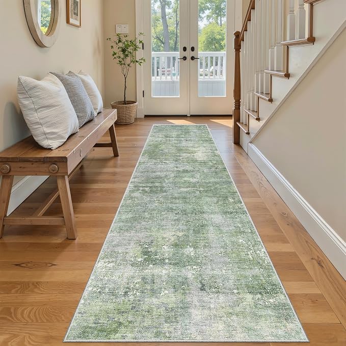 Soalmost Abstract Runner Rug 2x8 Hallway Kitchen Runners Green/Ivory | Vintage Washable Rugs for Bathroom Laundry Room, Low Pile Stain Resistant Floor Carpet Mat Entryway Corridor Bedroom