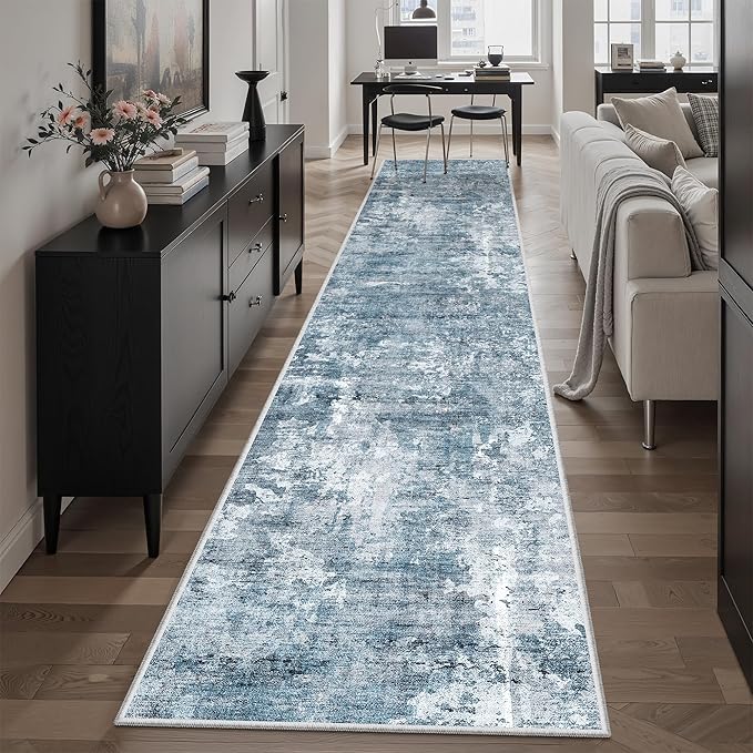 Soalmost Abstract Runner Rug 2x10 Hallway Kitchen Runners Blue/Grey | Stain Resistant Vintage Rugs for Bathroom Laundry Room, Low Pile Foldable Floor Carpet Mat for Entryway Corridor Bedroom