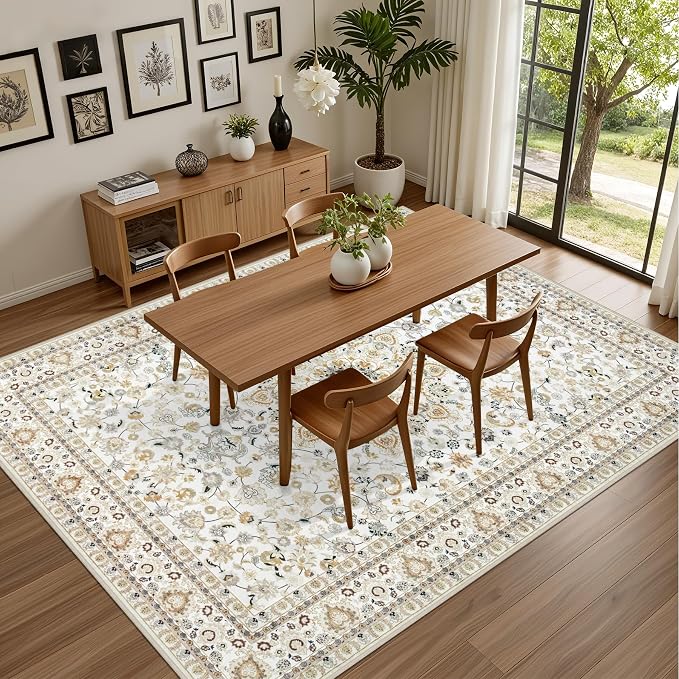 3x5 Area Rugs Living Room Rug: Washable Vintage Boho Rug No Slip Stain Resistant Soft Carpet Indoor Floor Floral Large Carpets for Bedroom Dining Room Farmhouse Nursery Home Office Beige