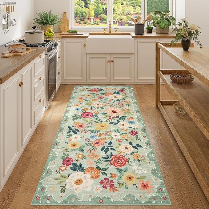 DUKINO 3x7 Kitchen Runner Rug, Washable Rug for Hallway Non Slip, Green | Floral, Low Pile, Soft Indoor Rug for Bedroom, Bathroom, Entryway, Laundry, Pet Friendly, Stain Resistant, Modern Home Decor