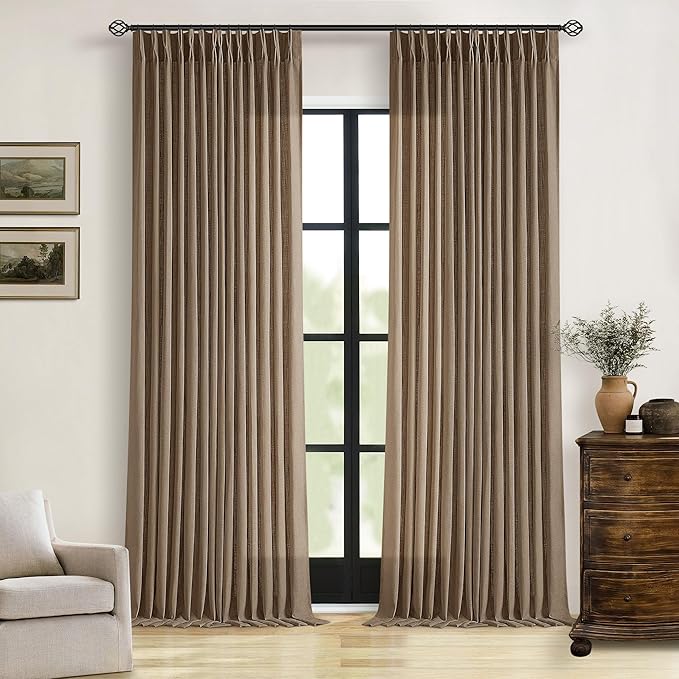 92 Inch Linen Curtains 2 Panels Set Pinch Pleated for Living Room Bedroom Memory Training Shaped Semi Sheer Dutch Cocoa Pinch Pleat Drapes Hooks Rings Light Filtering Window Curtain Drapes