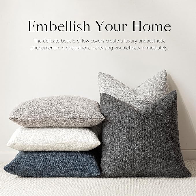 Foindtower Set of 2, Decorative Textured Boucle Throw Pillow Covers Accent Solid Pillow Cases Neutral Soft Cozy Couch Cushion Case for Chair Sofa Bedroom Living Room Home Decor 26 x 26 Inch Dark Grey