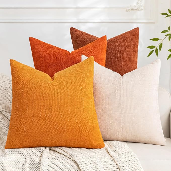 Set of 4 Soft Textured Decorative Throw Pillow Covers 20x20 Inch Cozy Farmhouse Cushion Cover Square Accent Pillow Cases for Bed Couch Sofa Living Room, Beige Rust Orange