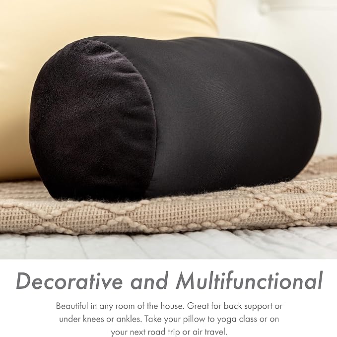 PILLOWY Microbead Bolster Neck Roll Pillow, Gently On Body, Head, Neck & Shoulders No Pain Rest, Relax Sleep - Silky Feel Prevent Wrinkles & Hair Breakage - Lightweight Cylinder Tube, 14" x 8", Black