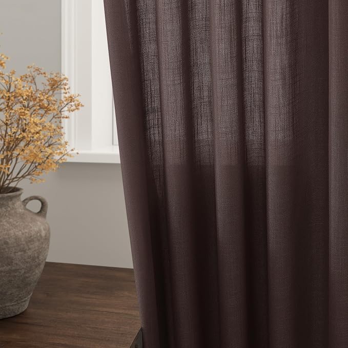 Nanspring Coffee Linen Curtains for Living Room Back Tab Rod Pocket Semi Sheer Curtains 100 Inches Long 2 Panel Set Light Filtering Neutral Boho Farmhouse Lightweight Drapes for Bedroom 52x100