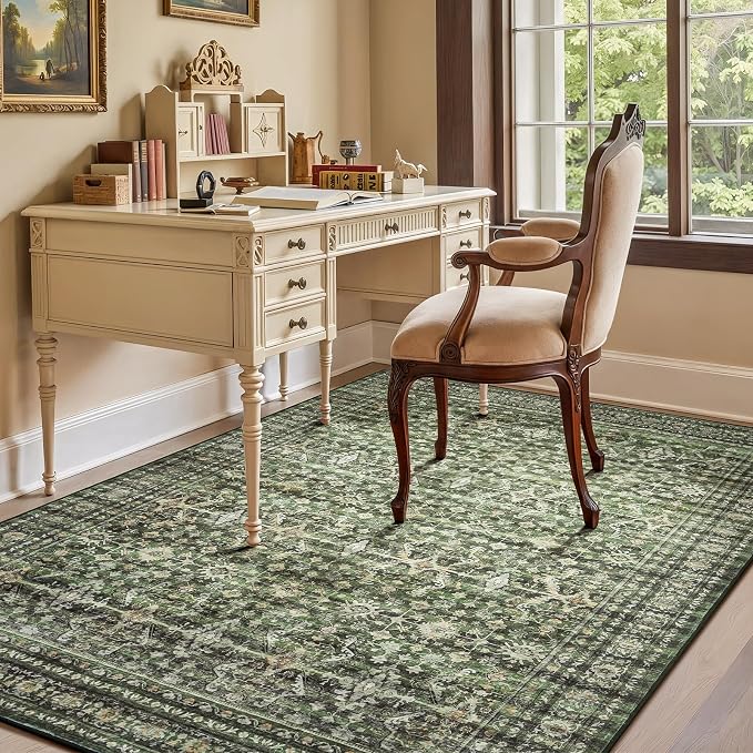 5x8 Area Rugs for Living Room Bedroom, Green Washable Non-Slip Carpet | Soft Boho Area Rug for Dining Room Home Office Indoor Nursery, Stain Resistant, Low Pile, Foldable Vintage Distressed Rug