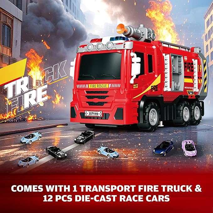 3in1 Fire Trucks Toys for Toddlers Ages 3-5, Carrier Toy Truck & Foldable Race Track, 12 Die Cast Cars Firetruck Toys for Toddlers 1-3 3-5 w/Light & Sound, Kids' Play Cars & Race Cars for Boys Girls