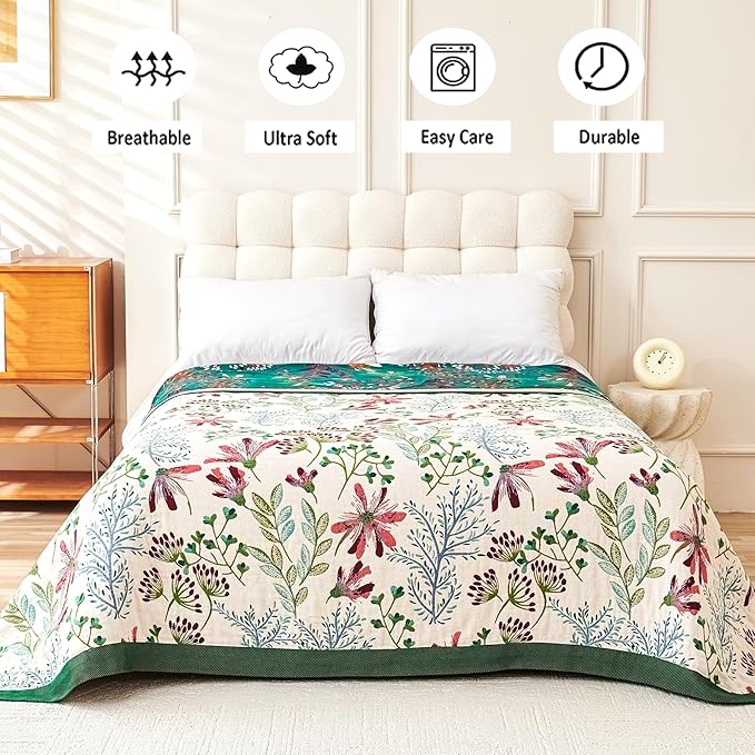 VANJOROY Boho Throw Blanket, 100% Organic Cotton Breathable Ultra Soft 80" x 90" Bed Quilt Throw - All Season Floral Rustic Farmhouse Decor Luxury Reversible Blanket for Sofa Couch Chair and Gift