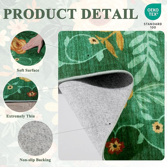 DUKINO 2x8 Runner Rug, Washable Runner Rug for Kitchen Non Slip, Dark Green | Low Pile, Floral, Soft Indoor Rug for Hallway, Entryway, Bedroom, Bathroom, Pet Friendly, Stain Resistant, Modern Home Decor