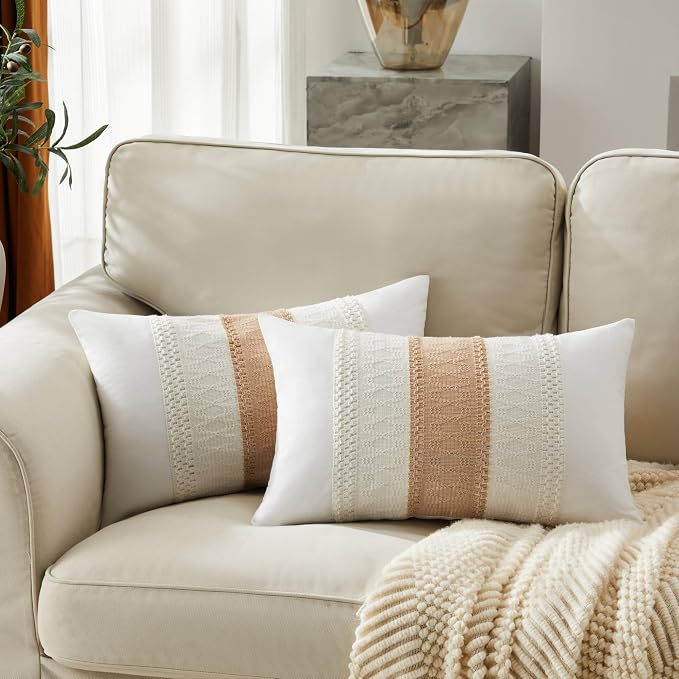 2pk Boho Pillow Covers 12x20, Natural White/Contrast/Beige | 100% Organic Cotton Body, Stripe Embroidery, Farmhouse Decorative Cushion Covers for Sofa Bed Living Room Home Decor