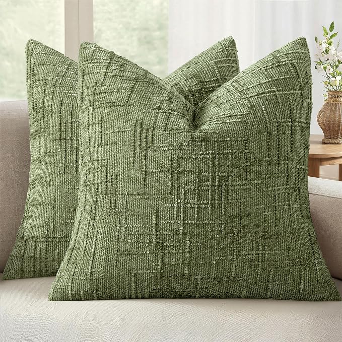 MIULEE Chenille Textured Throw Pillow Covers Sage Green 18x18 Set of 2 | Slubby Decorative Pillows, Boho Farmhouse Home Decor, Modern Neutral Cushion Covers for Couch Sofa Bed Living Room