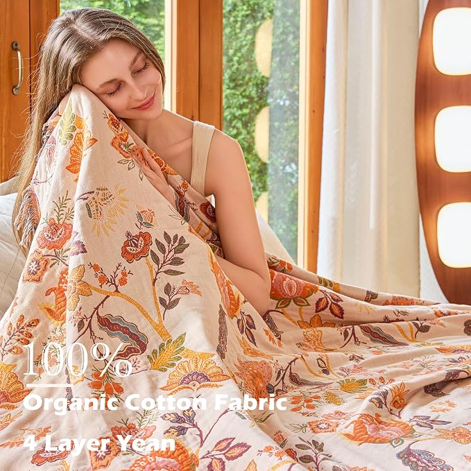 VANJOROY Boho Throw Blanket 60" x 80", 100% Organic Cotton Breathable Skin-Friendly Ultra Soft Bed Quilt Throw - Floral Rustic Decor Luxury Reversible Blanket for Sofa Couch Chair and Gift,