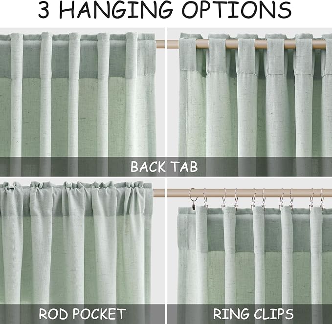 Aqua Green Linen Curtains 63 Inches Long 2 Panel Sets for Living Room Bedroom Rod Pocket Back Tab Light Filtering Drape for Kitchen Window Short Protect Privacy Curtain Modern Farmhouse Decor 52x63