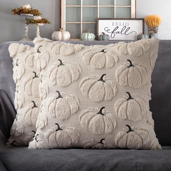 Fall Pumpkins Decorative Pillow Covers 20x20 Set of 2, Beige Soft Plush Faux Fur Wool Farmhouse Throw Cushion Cases for Autumn Thanksgiving Holiday Home Decorations