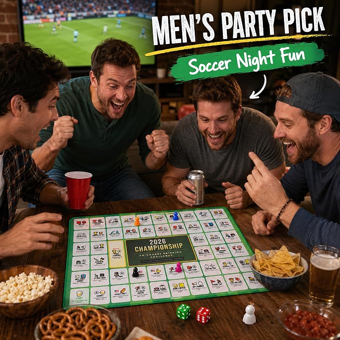 Soccer Drinking Board Game Mat - 13.78 x 19.69 Inch Rubber Waterproof Mat, 50 Party Theme Games for 2-8 Players, Anti-Slip Game Mat with Storage Bag, Chess Pieces Dice Included