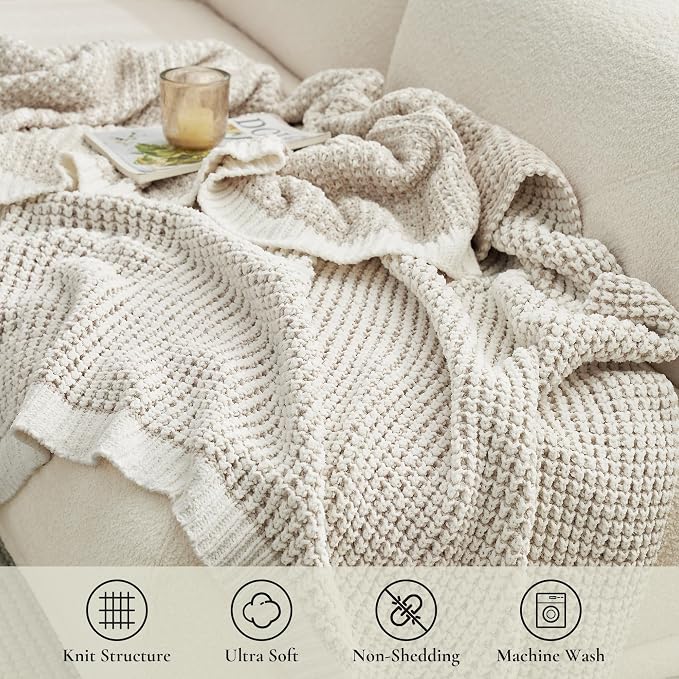 Knit Throw Blanket, Soft Chenille Cozy Breathable Pineapple Chunky Decorative Blanket for Couch, Bed & Sofa, French-Inspired Lightweight Warm Gift for Women, Beige, 60"x80"