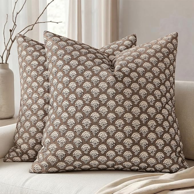 MIULEE Fall Floral Print Decorative Pillow Covers 20x20, Chocolate Brown | Vintage Boho Farmhouse Modern Home Decor, Set of 2, Block Print Cushion Covers for Couch Sofa Bed Living Room