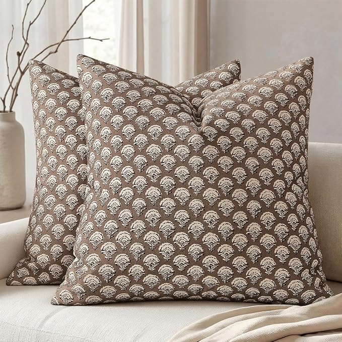 MIULEE Fall Floral Print Decorative Euro Pillow Covers 22x22, Chocolate | Vintage Boho Farmhouse Modern Home Decor, Set of 2, Brown Block Print Cushion Covers for Couch Sofa Bed Living Room