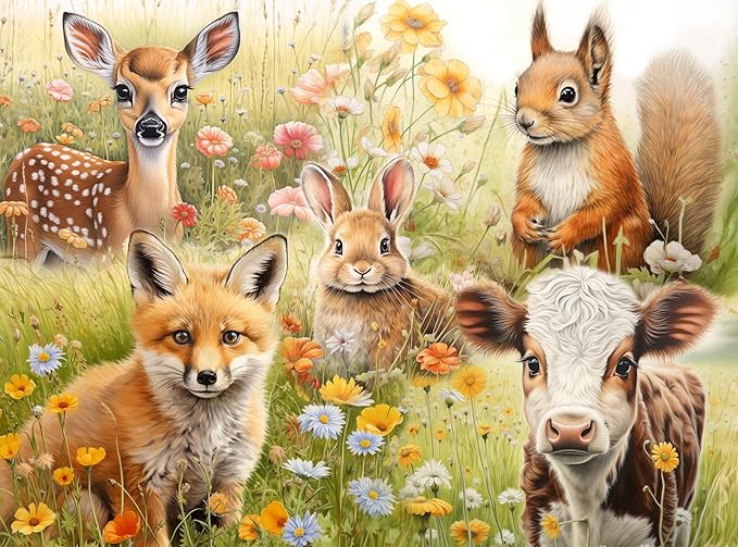 Difficult 1000 Piece Adult Jigsaw Puzzle - Deer, Cow, Fox, Squirrel and Rabbit - Cute Animals - Hard, Challenging Puzzle Perfect for Game Nights - 20x27 inches
