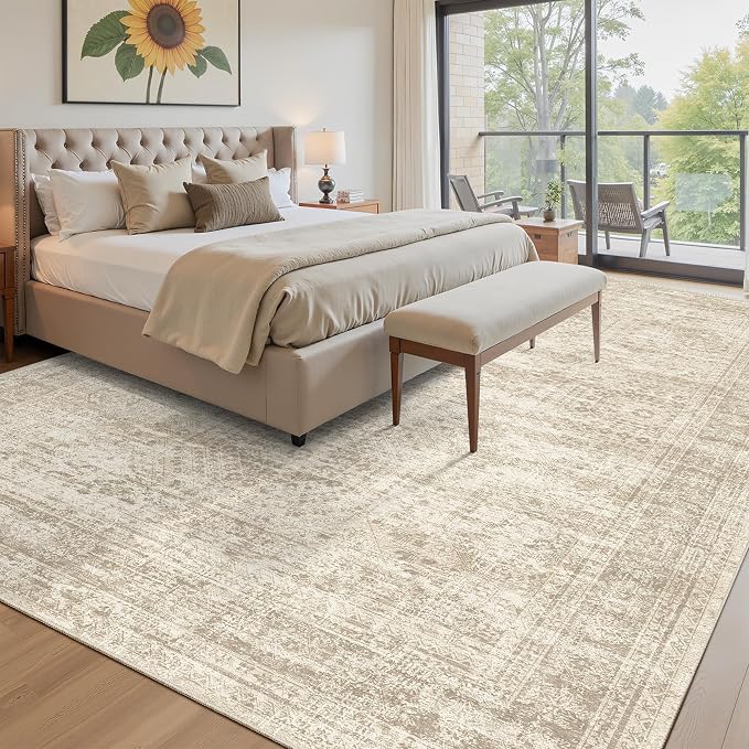 Soalmost 12x15 Washable Area Rugs Soft Living Room Rug Abstract Beige | Large Vintage Carpet Non-Slip for Dining Bedroom, Low Pile Thin Stain Resistant Foldable Indoor Floor Mat Home Office Decor