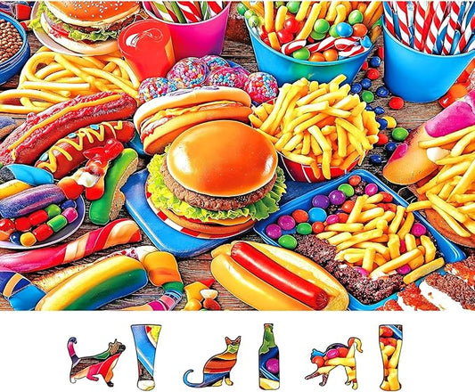 500 Piece Jigsaw Puzzle for Adults - Junk Food Paradise: Burgers, Hot Dogs, Fries & Candy with Unique Shaped Pieces, 23x15 Inch Unique Art Puzzle, Challenging Hard Difficult Puzzles for Adults