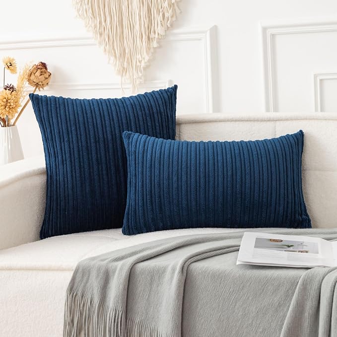UGASA 14x24 Inch Pillow Cover Pack of 1 Soft Boho Stripe Corduroy Long Rectangle Lumbar Cushion Case Farmhouse Decorative Throw Pilowcase for Bed, Couch, Sofa, Bedroom, Living Room, Navy Blue
