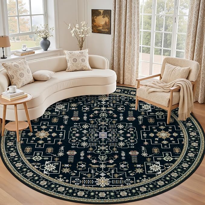 Round Area Rug for Living Room: 8 ft Washable Vintage Boho Soft Thin Circle Rug Indoor Floor No Slip Stain Resistant Carpet for Bedroom Dining Room Farmhouse Nursery Home Office -Black