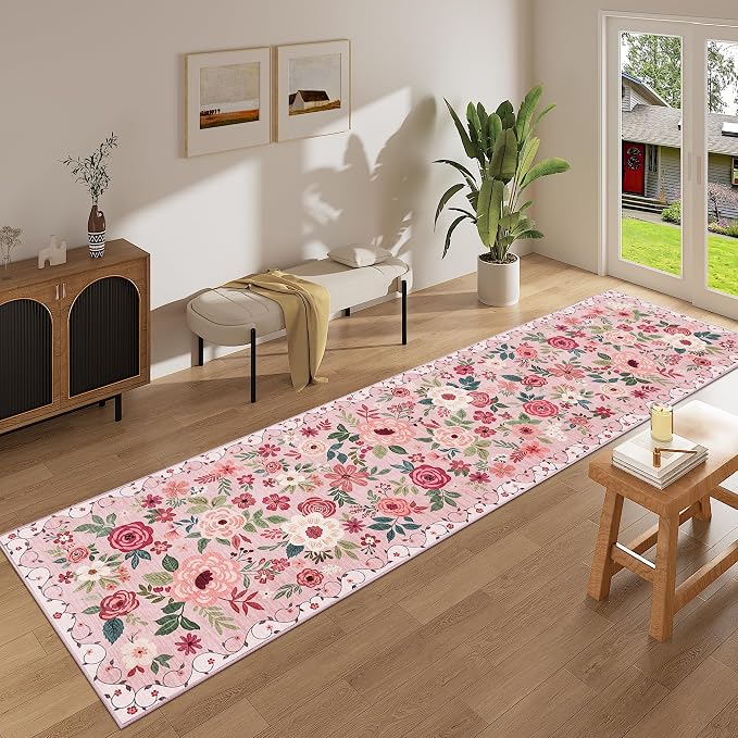 DUKINO 2.6x10 Runner Rug for Hallway, Washable Kitchen Rugs Non Slip, Pink | Soft, Low Pile, Floral Indoor Floor Rug Runner for Entryway, Bedroom, Bathroom, Laundry, Pet Friendly, Home Decor, Ultra-Thin