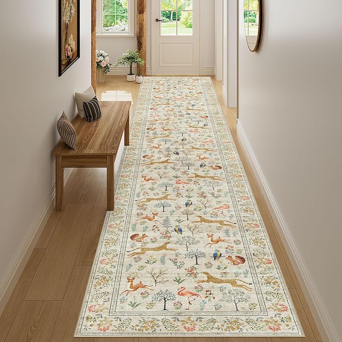 DUKINO 2.6x14 Runner Rug for Hallway, Washable Animal Rug Non Slip, Beige | Soft, Low Pile, Stain Resistant Indoor Long Runner Rug for Entryway, Kitchen, Bedroom, Bathroom, Pet Friendly, Non-Shedding