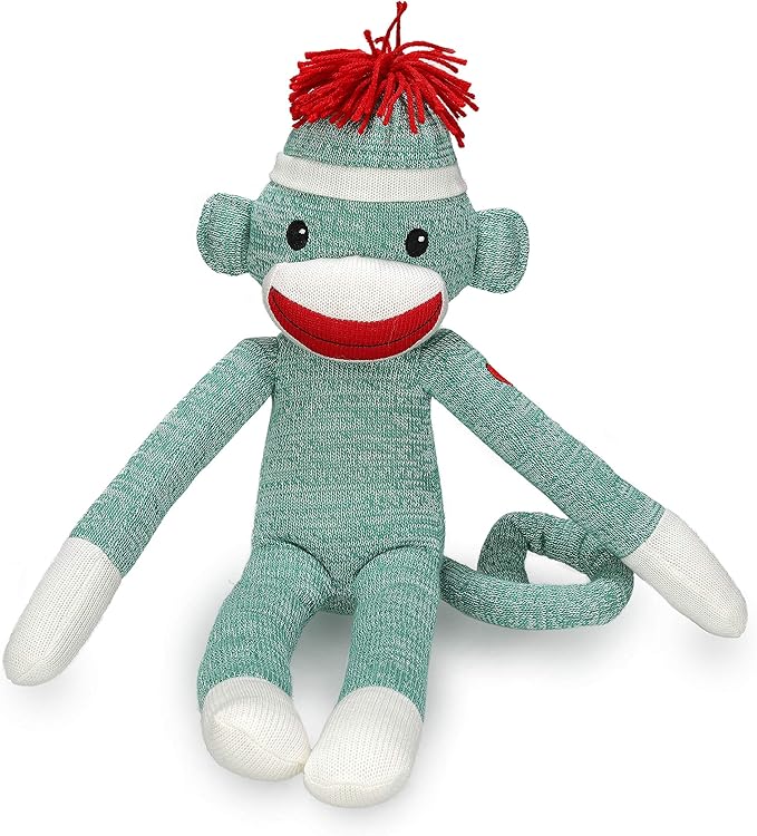 Plushland Adorable Green Sock Monkey, The Original Traditional Hand Knitted Stuffed Animal Toy Gift-for Kids, Babies, Teens, Girls & Boys Baby Doll Present Puppet 20"