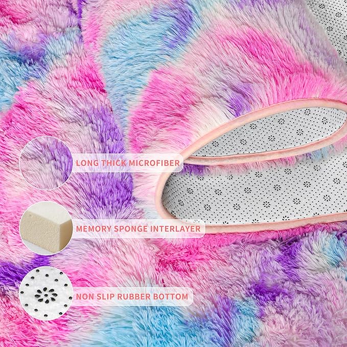 Tepook Pink Blue Purple Area Rug for Girls Room, Fluffy 8x10 Cute Soft Colorful Kids Rugs for Bedroom Dorm Classroom Nursery Playroom, Fuzzy Shaggy Rainbow Princess Carpet for Toddler Home Decor