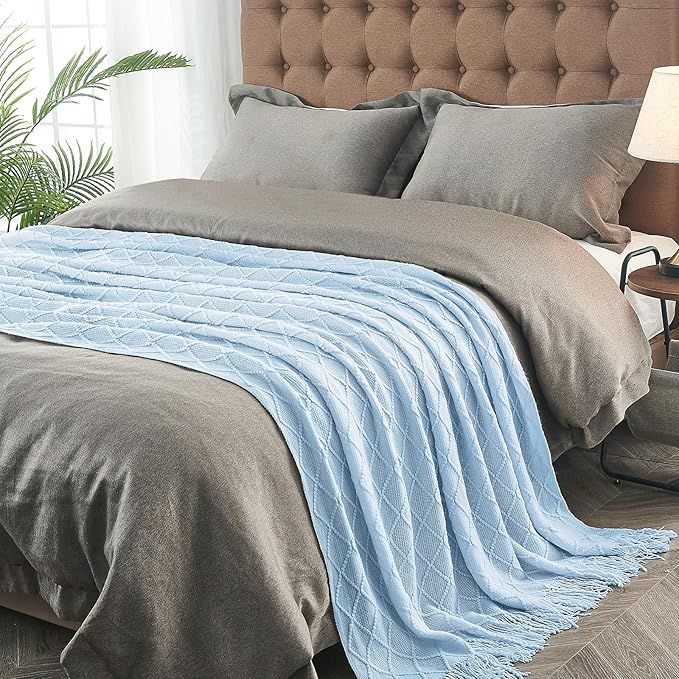 inhand Sky Blue Knitted Throw Blanket for Couch and Bed, 50"x60" | Soft Living Room Home Decor Knitted Blanket with Tassel, Outdoor Lightweight Breathable , Farmhouse Warm Woven Decorative