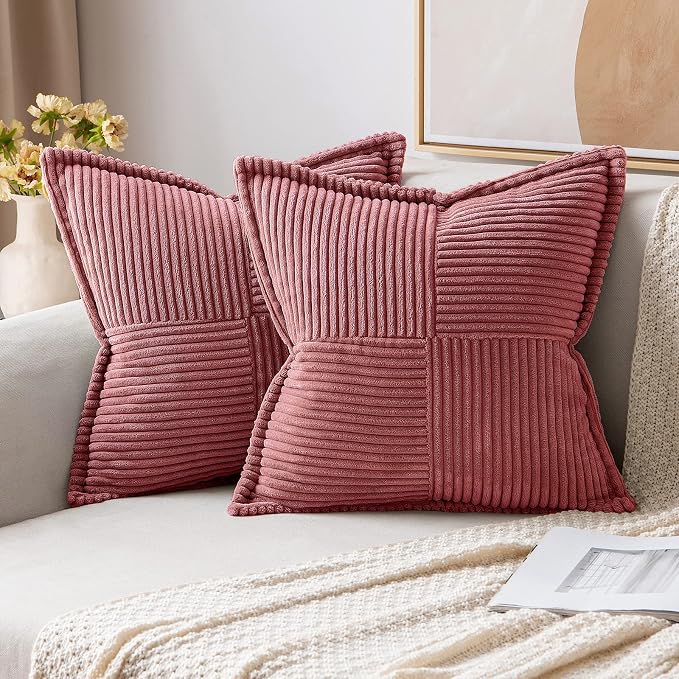 MIULEE Decorative Throw Pillow Covers for Couch 16x16 Inch Cranberry Red | Boho Broadside Striped Patchwork Pillow Covers, Soft Corduroy Cushion Cases, For Sofa Bed Livingroom Home Decor