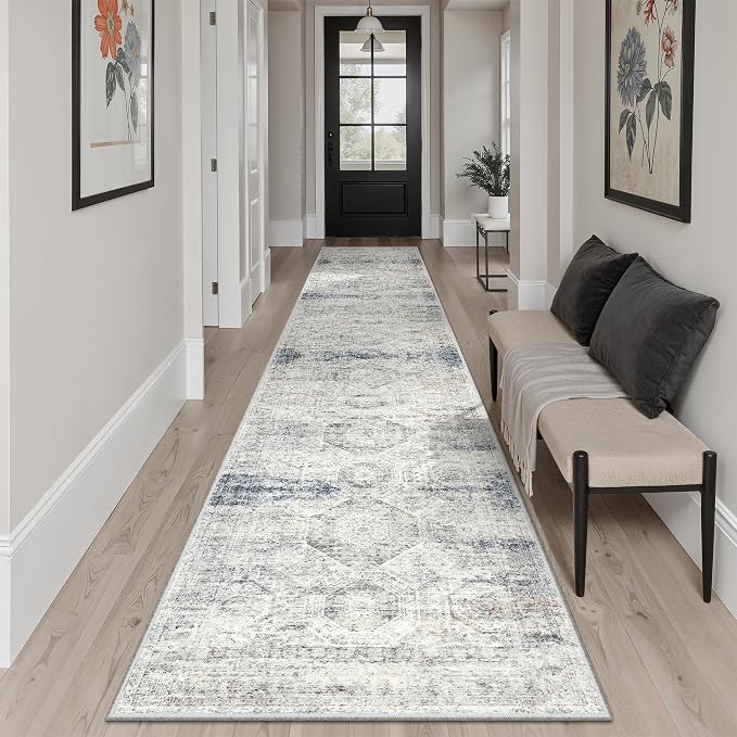 Soalmost Runner Rug 2x12 Washable Hallway Kitchen Runners Blue/Ivory | Non-Slip Vintage Rugs for Bathroom Laundry Room, Soft Low Pile Foldable Floor Carpet Mat for Entryway Corridor Bedroom
