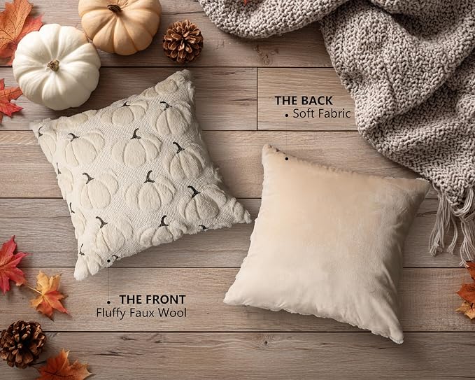 Fall Pumpkins Decorative Pillow Covers 20x20 Set of 2, Beige Soft Plush Faux Fur Wool Farmhouse Throw Cushion Cases for Autumn Thanksgiving Holiday Home Decorations