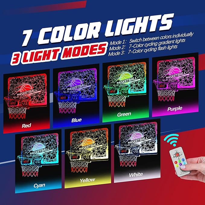 Mini Indoor Basketball Hoop with 7-Color Lights & 3-Light Effects & Scoreboard & Timer,Over The Door Bedroom Office Basketball Hoop for 5-7 8-12+ Year Old Kids Boys Birthday